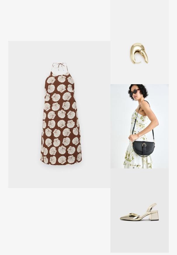 Brown halter dress with white shell patterns, made of textured fabric. Features a tie-neck closure and a relaxed fit.; Gold, metallic slingback heels with a pointed toe and chunky heel. Smooth texture, minimalistic design, and a narrow strap.; Black leather handbag with a curved shape, detachable strap, and gold hardware. The bag features a flap with a buckle detail.; Gold-tone metal earring with a sleek, curved design. Features a distinctive pointed shape, polished surface, and hinge closure.