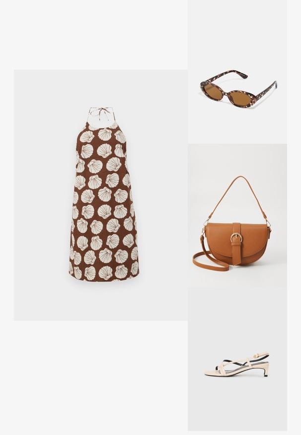 Smeđa halter haljina s bijelim uzorcima školjki, izrađena od teksturirane tkanine. Ima vezanje oko vrata i opušten kroj.; Bež kožne sandale s remenčićima, križnim trakama, niskom potpeticom i crnim detaljima. Glatka tekstura i minimalistički dizajn.; Naočale od kornjače s ovalnim lećama, smeškanim tonovima, tanke nogice s teksturiranim uzorkom, lagani plastični okvir.; Smeđa kožna torba preko tijela s zakrivljenim oblikom, zlatnim metalnim detaljima i naglaskom na kopču. Ima odvojivu naramenicu.