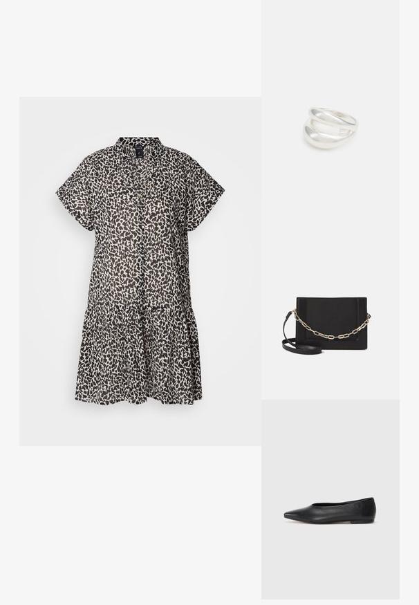 Short-sleeved, knee-length dress in lightweight fabric, featuring a black and beige leopard print and a tiered ruffle hem.; Black leather ballet flat, pointed toe, minimalistic design, smooth texture, low-profile heel, no visible hardware or embellishments.; Black leather crossbody bag featuring a smooth texture, rectangular shape, and a metallic chain detail on the front. Adjustable strap included.; Silver double-band ring with a smooth, polished surface. Features a fluid, curved design with overlapping sections for a modern look.