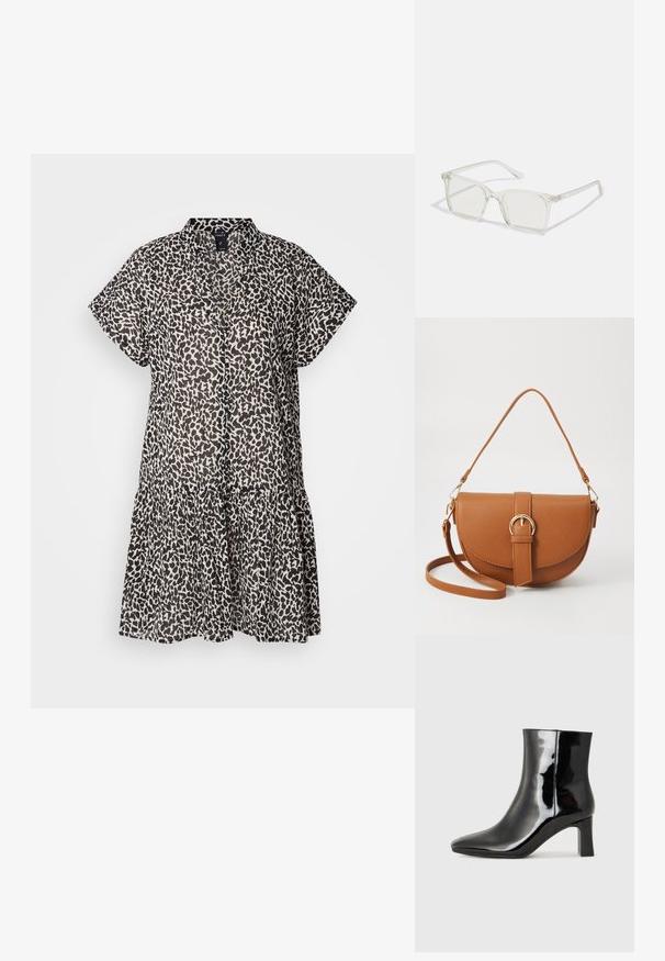 Vestido de manga curta, até ao joelho, em tecido leve, com estampa de leopardo preto e bege e uma bainha com babados em camadas.; Botim de tornozelo em pele sintética preta com bico apontado e salto bloco de altura média. Textura suave e design minimalista.; Óculos quadrados de plástico transparente com lentes translúcidas, apresentando detalhes em dourado nas hastes.; Bolsa transversal de couro castanho com um formato curvado, ferragens douradas e um detalhe de fivela. Inclui uma alça de ombro destacável.