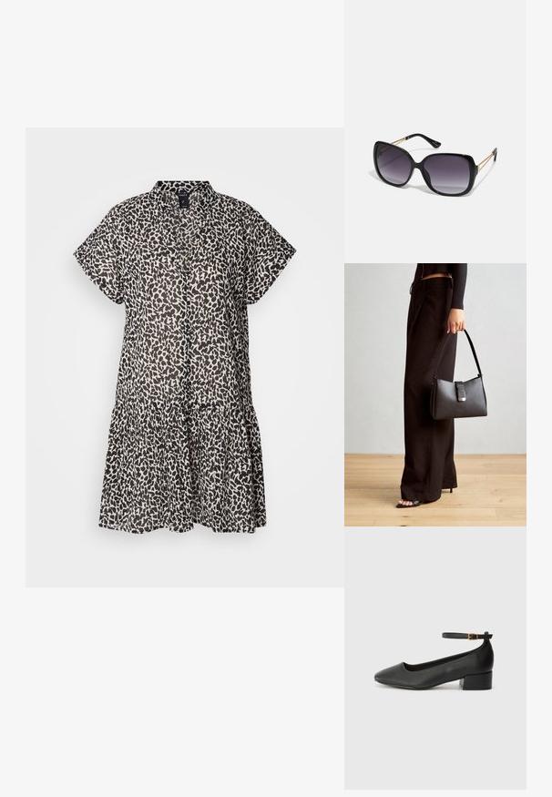 Rochie cu mâneci scurte, până la genunchi, dintr-un material ușor, având un imprimeu leopard alb-negru și o margine cu volane în straturi.; Pantof cu toc negru din piele, cu vârf ascuțit și toc mic pătrat. Dispune de o curea la gleznă cu o cataramă în tonuri de aur. Textură netedă.; Ochelari de soare negri, supradimensionați, cu lentile degradate, rame groase și detalii cu lanț de ton auriu pe brațele templului.; Genți negre cu o formă structurată, textură netedă și un închizător metalic. Asortată cu pantaloni negri largi și sandale cu vârf deschis pe un podea din lemn.