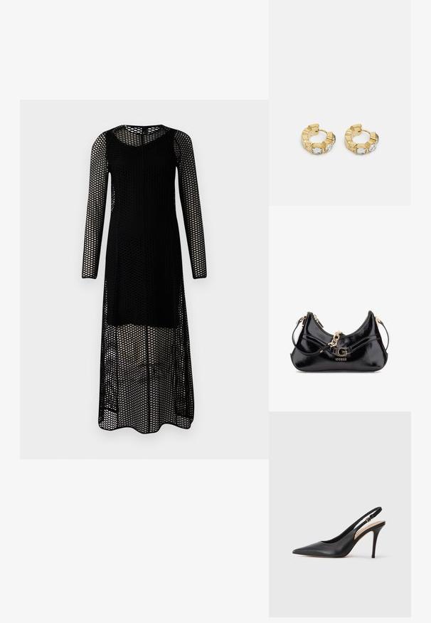Černé dlouhé rukávy šaty vyrobené z síťoviny s perforovaným vzorem. Mají kulatý výstřih a rovnou siluetu.; Černá kožená slingback lodička na vysokém podpatku s špičatou špičkou, hladkým povrchem a jemným páskem se metalickou sponou.; Lístkový kabelka z černého lakovaného kůže s klenutým designem, zlatými kovovými doplňky a výrazným logem. Obsahuje odnímatelný popruh na rameno.; Zlaté kruhové náušnice s texturovaným designem a třemi jasnými krystalovými akcenty na jedné straně, které nabízejí moderní geometrickou estetiku.