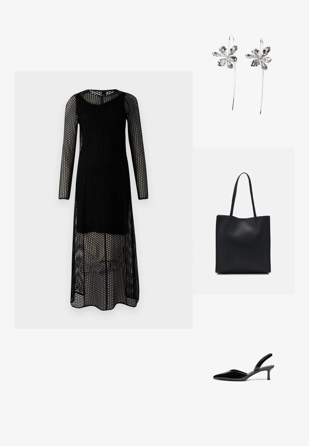 Black long-sleeve dress made of mesh fabric with a perforated design. Features a round neckline and a straight silhouette.; Black patent leather slingback heels with a pointed toe, low stiletto heel, and a sleek, simple design without embellishments.; Black leather tote bag with smooth texture, rectangular shape, and two long handles. No visible hardware or embellishments.; Silver flower-shaped earrings with a textured finish, featuring long hooks and petal-like details for an intricate design.