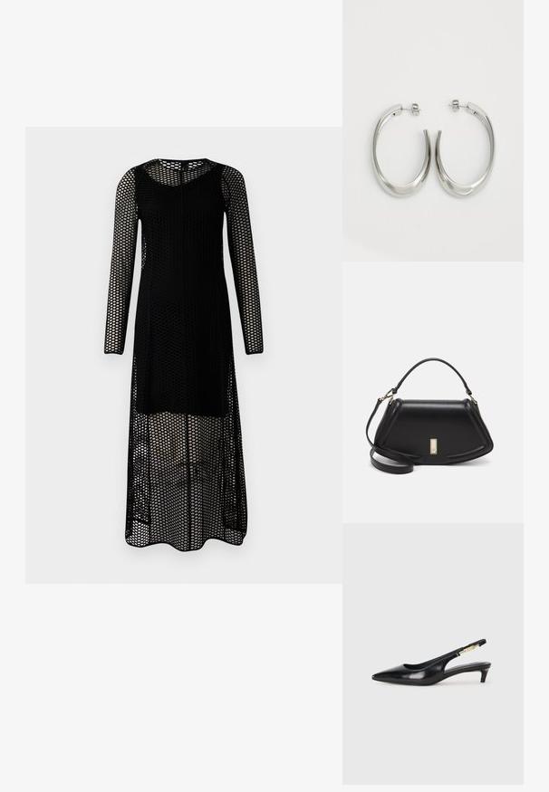 Black long-sleeve dress made of mesh fabric with a perforated design. Features a round neckline and a straight silhouette.; Black leather slingback heels with a pointed toe, featuring a slim heel and a gold-tone accent on the adjustable strap. Smooth texture.; Black leather handbag with a structured design, featuring a cropped shape, top handle, and gold hardware accent. Adjustable shoulder strap included.; Silver hoop earrings with a smooth, curved design. Features a shiny metallic finish and stud closure. No visible patterns or accents.