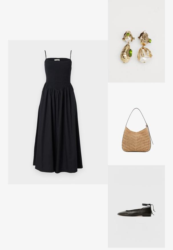 Rochie midi neagră cu bretele subțiri, bodice plisat și fustă vaporoasă. Confectionată dintr-un material ușor, cu o textură netedă.; Balerini din piele neagră, cu vârf ascuțit, șnur pentru glezna și talpă plată, având o textură netedă și un design minimalist.; Geantă de umăr din paie împletite cu o formă curbată, având o curea din piele închisă la culoare și o suprafață texturată cu un model în zigzag.; Cerceii cu nuanță de aur prezintă forme neregulate texturate, împodobiți cu pietre prețioase verzi și perle albe, asigurați cu prinderi tip clip.