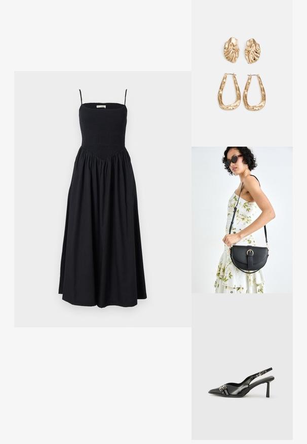 Juodas midi suknelė su plonais petnešėlėmis, su raukinėta liemene ir plačiu sijonu. Pagaminta iš lengvos medžiagos su lygiu paviršiumi.; Juodas lakuotas odinis batelis su smailiu pirštu, kulkšnies dirželiais su sidabrinėmis sagtimis ir detalėmis, bei plonu kulnu.; Juodas odinis krepšys su išlenkta forma, nuimamu dirželiu ir auksiniais detalėmis. Krepšys turi kilpą su sagtimi.; Auksinės auskarai, turintys tekstūruotus, bangų formos elementus. Įeina skulptūriniai segami auskarai ir atviri lankai su išmuštu paviršiumi.