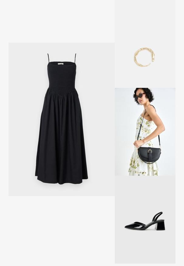 Schwarzes, midi-langes Kleid mit dünnen Trägern, gerafftem Oberteil und fließendem Rock. Hergestellt aus leichtem Stoff mit glatter Textur.; Schwarze Lackleder-Slingback-High Heels mit spitzem Schuh und einem geometrischen Blockabsatz. Verfügt über ein schlankes, minimalistisches Design und eine glatte Textur.; Schwarze Lederhandtasche mit geschwungener Form, abnehmbarem Tragegurt und goldenen Beschlägen. Die Tasche verfügt über einen Deckel mit einer Schnallen-Details.; Goldfarbener Ring mit einem organischen, gedrehten Design, glatter Oberfläche und sich verjüngenden Enden, was ein modernes, skulpturales Erscheinungsbild erzeugt.