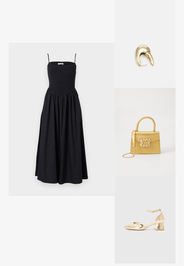 Fekete midi ruha vékony pántokkal, smockolt felsőrésszel és lebegő szoknyával. Könnyű anyagból készült, sima textúrával.; Arany színű, fémes magasarkú cipők, lekerekített orral, bokapánttal és alacsony tömbsarkal. Simább textúra, fényes felülettel.; Sárga műbőr krokodil mintás kézitáska strukturált kialakítással, felső fogantyúval, leválasztható lánccal és díszes kristály díszítéssel a záron.; Aranyszínű fém fülbevaló, elegáns, ívelt formával. Különleges hegyes alak, fényes felszín és zsanéros záródás jellemzi.