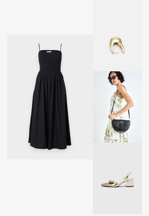 Melna midi kleita ar plānām siksniņām, smockētu ķermeni un plūstošu svārku. Izgatavota no viegla auduma ar gludu tekstūru.; Zeltaini, metāla kurpes ar siksniņām, norakans purngalis un masīla papēdis. Gluda tekstūra, minimālisma dizains un šaura siksna.; Melnas ādas rokassoma ar izliekta formu, noņemamu siksnu un zelta aksesuāriem. Somai ir vāciņš ar sprādzes detaļu.; Zeltīti metāla auskari ar gludu, izliekta dizaina. Ar atšķirīgu smailu formu, pulētu virsmu un eņģu aizdari.