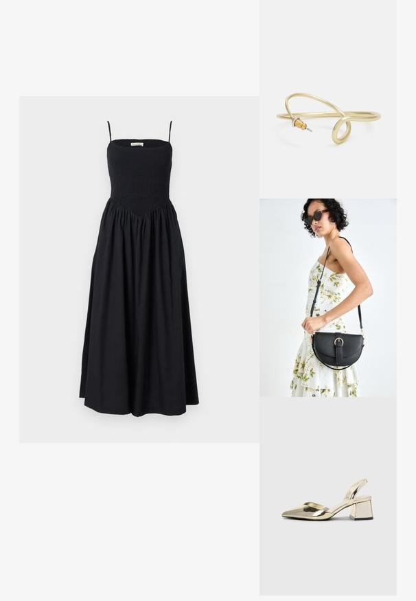 Zwarte midi-jurk met dunne bandjes, gerimpelde body en een vloeiende rok. Gemaakt van lichtgewicht stof met een gladde textuur.; Gouden, metalen slingback hakken met een spitse neus en een chunky hak. Glad oppervlak, minimalistisch ontwerp en een smalle band.; Zwarte leren handtas met een gebogen vorm, afneembare schouderband en gouden hardware. De tas heeft een klep met een gespsluiting.; Gouden metalen armband met een vloeiende, kromme vormgeving. Bevat een kleine, opvallende, zilvergekleurde accent aan één uiteinde.
