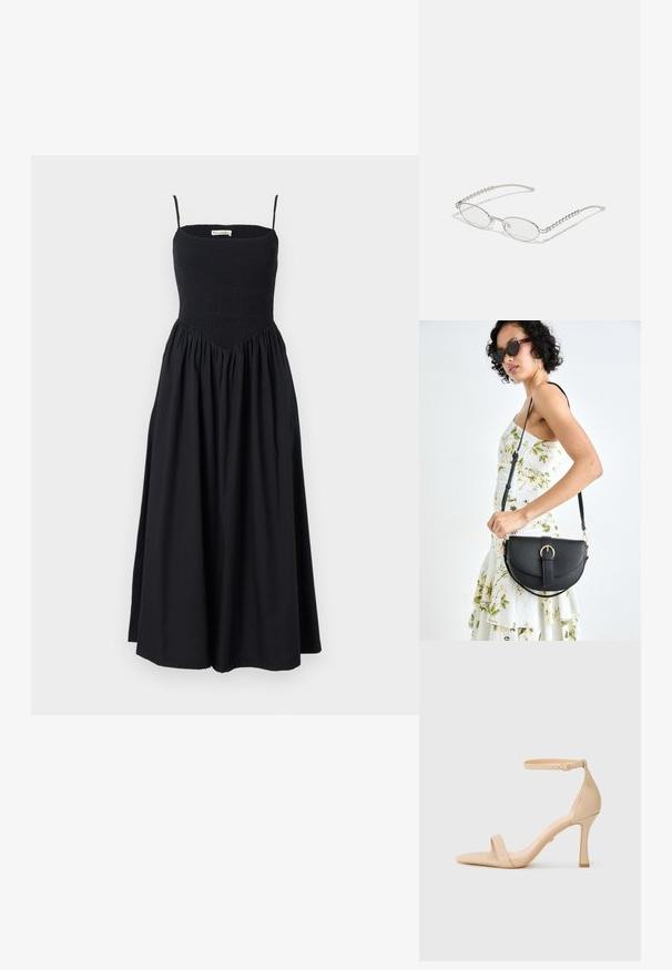 Black midi dress with thin straps, smocked bodice, and a flowing skirt. Made from lightweight fabric with a smooth texture.; Beige high-heeled sandal with a thin ankle strap, open toe, and two diagonal straps across the foot. Smooth leather texture, tapered shape.; Oval glasses with a metallic silver frame, clear lenses, and textured beaded temple accents. Lightweight design with curved arms.; Black leather handbag with a curved shape, detachable strap, and gold hardware. The bag features a flap with a buckle detail.