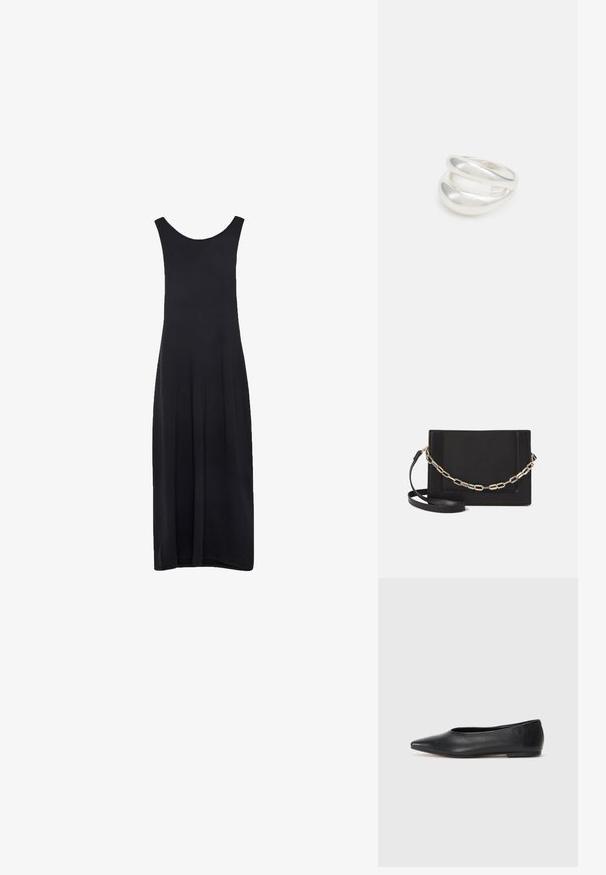 Schwarzes ärmelloses Maxikleid mit Rundhalsausschnitt und gerader, fließender Silhouette vor einem weißen Hintergrund.; Schwarze Leder-Balletschuhe, spitze Zehenform, minimalistische Gestaltung, glatte Textur, niedriger Absatz, keine sichtbaren Beschläge oder Verzierungen.; Schwarze Leder-Crossbody-Tasche mit glatter Textur, rechteckiger Form und metallic-kettendetail auf der Vorderseite. Verstellbarer Gurt inklusive.; Silberner Doppelring mit einer glatten, polierten Oberfläche. Verfügt über ein fließendes, kurviges Design mit überlappenden Abschnitten für einen modernen Look.