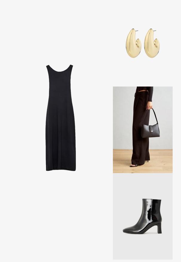 Black sleeveless maxi dress with a scoop neckline and a straight, flowing silhouette against a white background.; Black patent leather ankle boot with a pointed toe and a mid-height block heel. Smooth texture and minimalist design.; Black handbag with structured shape, smooth texture, and a metallic clasp. Paired with wide black pants and open-toe sandals on wooden floor.; Gold-toned earrings featuring a smooth, rounded shape with a polished finish and a post backing for secure wear.