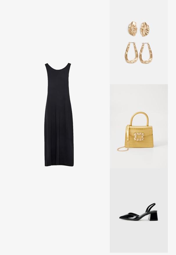 Zwarte mouwloze maxi-jurk met een ronde halslijn en een rechte, vloeiende silhoutte tegen een witte achtergrond.; Zwarte gepatineerde leren slingback hakken met een spitse neus en een geometrische blokhak. Kenmerkt zich door een slank, minimalistisch ontwerp en een gladde textuur.; Geel faux-krokodillenhandtas met een gestructureerd ontwerp, bovenhandvat, afneembare kettingriem en decoratieve kristallen versiering op de sluiting.; Gouden oorbellen met een getextureerd, golvend ontwerp. Bevat sculpturale clip-on studs en een open ringontwerp met een gehamerd oppervlak.