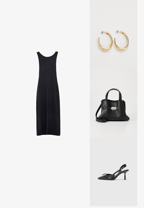Svart ärmlös maxiklänning med rundad halsringning och en rak, flödande silhuett mot en vit bakgrund.; Svart läder slingback-sko med spetsig tå, smal klack och guldfärgad detalj på vampen. Slät textur och strukturerad design.; Svart läderhandväska med en texturerad yta, utrustad med två ovandelar, en avtagbar axelrem och en detalj med silverlås.; Guld-färgade hoops örhängen med en slät, böjd design. Tillverkade av metall och har en elegant yta samt bakre stiftfäste.