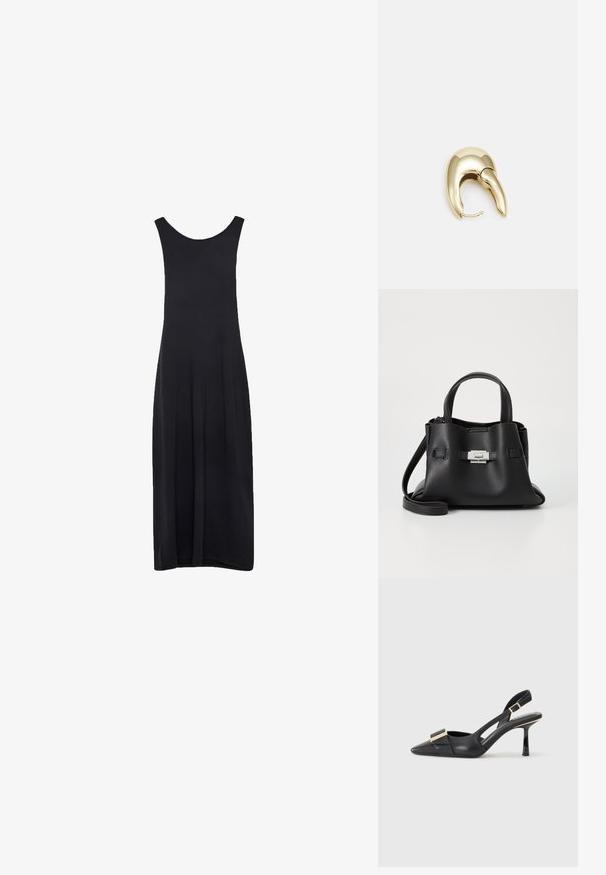 Must mustrida mustri kleit, millel on sügava kaelusega ja sirge, voolav siluett valge tausta vastu.; Must musta slinga-seljak, terav varvas, peen kont ja kuldse tooni aksessuaar vampiiril. Sile tekstuur ja struktureeritud disain.; Mustmust kott, millel on tekstuuriga viimistlus, sisaldab kahte ülemist kättehaaret, eemaldatavat õlarihma ja hõbedast luku detaili.; Kuldtooni metallist kõrvarõngas, millel on elegantne ja kaarjas disain. Omab silmapaistvat teravat kuju, poleeritud pinda ja hingesulgemist.