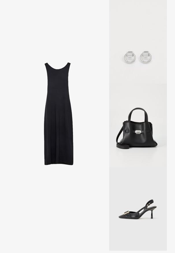 Juodos be rankovių maksi suknelės su apvaliu iškirpimu ir tiesia, laisvai krentančia siluetu fone, balta.; Juodas odinis batelis su atviru kulnu, smailiu pirštu, liekna kulniuku ir auksinės spalvos detalėmis ant batus. Lygus paviršius ir struktūrizuotas dizainas.; Juodas odinis rankinės su tekstūruota apdaila, turintis dvi viršutinės rankenos, nuimamą peties diržą ir sidabrinį užsegimą.; Sidabrinė metalinė auskarų pora su stačiakampiu akmeniu virš apvalios kilpos. Lygaus paviršiaus, minimalistinis dizainas ir geometrinė forma.