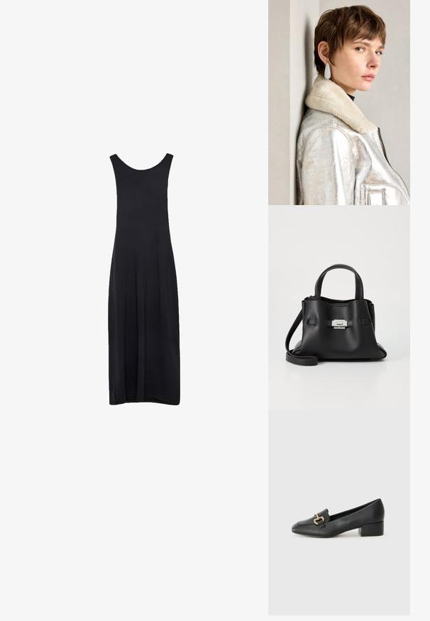 Zwarte mouwloze maxi-jurk met een ronde halslijn en een rechte, vloeiende silhoutte tegen een witte achtergrond.; Zwarte lederen instappers met een platte hak, met een decoratieve gouden hardware detail aan de voorkant en een gladde textuur.; Zwarte leren handtas met een gestructureerde afwerking, voorzien van twee handvatten, een verwijderbare schouderband en een zilveren sluiting.; Zilveren metalen leren jas met een schapenwollen kraag, voorzien van een ritssluiting en een gestructureerd oppervlak. Grote druppelvormige oorbellen met heldere edelstenen.