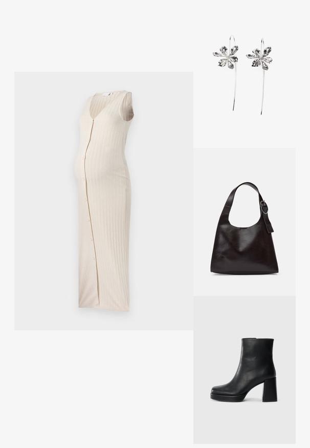 Beige ribbed raska kläddress med rund halsringning, ärmlös design och knappdetaljer fram. Mjuk stickad textur.; Musta nahkasaapas nilkkapituisena, jossa on paksu korko ja alustapohja, nähtynä sivulta yksinkertaisella valkoisella taustalla.; Ruskea nahkainen olkalaukku, jossa on sileä rakenne, pyöreä muoto, leveä hihna ja pyöreä metallikoriste kahvassa.; Hopeakukka-muotoiset korvakorut, joissa on teksturoitu pinta, pitkät koukut ja terälemäiset yksityiskohdat hienostuneen muotoilun luomiseksi.