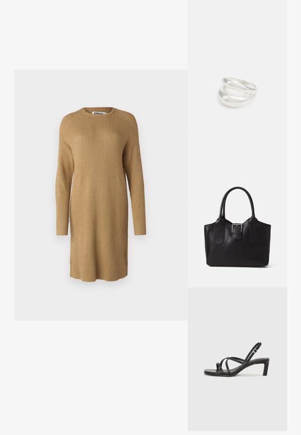 Knee-length, ribakudumist võrkkleit heledas pruunis, pika varrukaga ja ümarate kaelustega. Omab külgmisi lõhesid mugavuse tagamiseks liikumisel.; Mustast rihmajalatsid ruudukujulise varba ja madala ploki kontsaga. Omab mitmeid õhukesi rihmasid ja reguleeritavat pahkluu rihma. Valmistatud siledast nahast.; Mustgamma nahast kott, millel on sile tekstuur, struktureeritud kuju, kaks käepidet ja esiküljel silmapaistev hõbedane pandla detail.; Hõbedane kahekordne rõngas sujuva, poleeritud pinnaga. Omab voolavat, kõverat disaini, millel on kattuvad sektsioonid, et saavutada kaasaegne ilme.