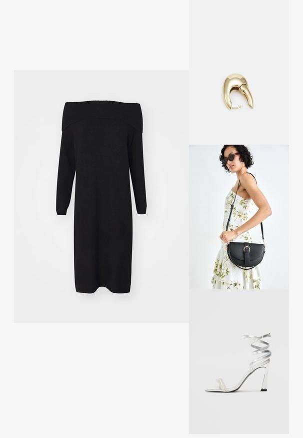 Fekete, váll nélküli, kötött ruha hosszú ujjakkal és bordás nyakkivágással. Sima textúra, térdig érő dizájn, sokoldalú különböző alkalmakra.; Ezüst színű, magas sarkú szandál, csillogó pánt dizájnnal, gyöngyszerű díszítéssel és spirális bokapánttal a biztos illeszkedés érdekében.; Fekete bőrtáska ívelt formával, levehető pánttal és arany színű fémrészekkel. A táskán egy csattal díszített fedél található.; Aranyszínű fém fülbevaló, elegáns, ívelt formával. Különleges hegyes alak, fényes felszín és zsanéros záródás jellemzi.