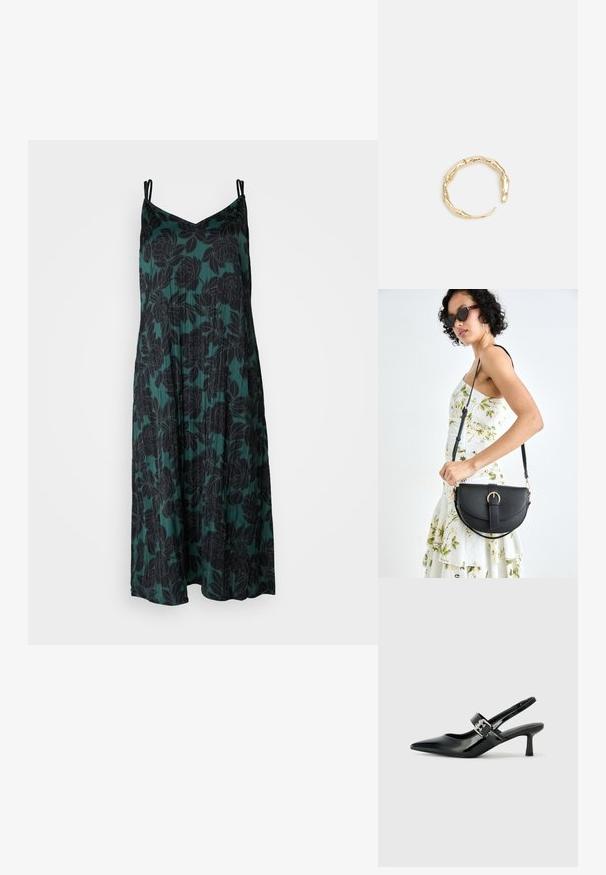 Robe florale verte avec un décolleté en V, de fines bretelles et une silhouette fluide. Le tissu a une texture douce avec des motifs de roses noires.; Escarpins slingback en cuir verni noir avec un bout pointu et un petit talon bloc, mettant en avant un accent en boucle argentée sur la sangle.; Sac à main en cuir noir avec une forme courbée, bandoulière amovible et des accessoires en or. Le sac est doté d'un rabat avec un détail de boucle.; Bague en or ornée d'un design organique et torsadé, avec une texture lisse et des extrémités effilées, créant une apparence moderne et sculpturale.
