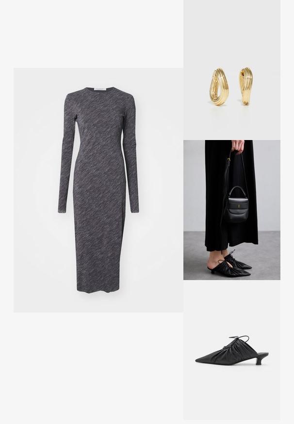 Pitkähihainen, pyöreäkauluksinen mekko tummanharmaasta teksturoidusta kankaasta. Varustettu vartalonmyötäisellä siluetilla, midimittainen, saumaton muotoilu.; Mustat nahkaiset liukukengät teräväkärkisillä, kerätyillä yksityiskohdilla ja pienellä kissan korolla. Avauksessa on narukiinnitys.; Pieni musta nahkabag, jonka muoto on pyöreä, yläkahva ja irrotettava olkahihna. Yhdistetty mustan kankaan mekkoon ja mustiin plissee-kenkään.; Korvakorut, joissa on kulta sävyinen rengas ja kierrätetty muotoilu, jossa on uurteinen pinta ja sileä viimeistely. Kevyt ja ontto rakenne.