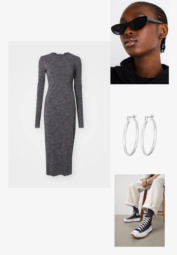 Tumerooviline, ümarate kaelustega kleit tumehallist tekstuuriga kangast. Kehasse sobiv siluett, midi pikkus, õmblusteta disain.; Korkealaskelised mustad spordijalatsid valgete nööride ja kummist varvasetootega. Paks valge tald tekstureeritud pruuni alusega, kantud tumesiniste triibuliste sokkidega.; Must musta silmad eest vaatavad mustad prillid, millel on matt viimistlus, elegantne disain ja õrnalt kõverad servad, mudeli tumeda riietuse taustal.; Hõbedased rõngaskõrvarõngad, millel on sile, läikiv viimistlus. Ümmargune kuju ja turvaline klõpsulatus. Kerge disain, sobib igapäevaseks kandmiseks.