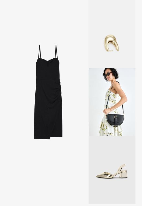 Robe noire côtelée avec de fines bretelles réglables, un décolleté en cœur, des détails froncés sur les côtés et un ourlet asymétrique. Fabriquée en tissu extensible.; Talons aiguilles dorés métalliques avec un bout pointu et un talon épais. Texture lisse, design minimaliste et une fine bride.; Sac à main en cuir noir avec une forme courbée, bandoulière amovible et des accessoires en or. Le sac est doté d'un rabat avec un détail de boucle.; Boucle d'oreille en métal doré avec un design élégant et courbé. Présente une forme conique distinctive, une surface polie et une fermeture à charnière.