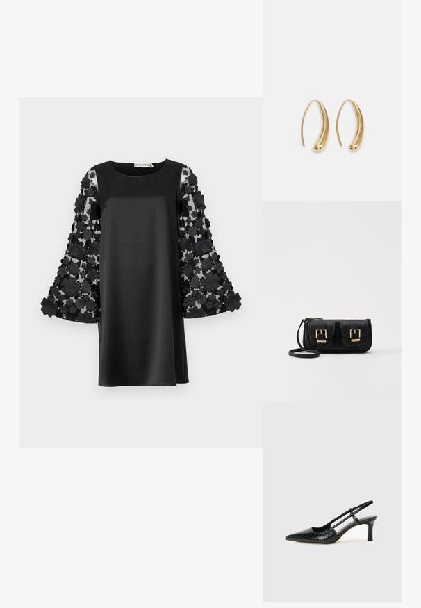 Svart klänning med en slät satin kropp och genomskinliga ljusa spets ärmar med dimensionella svarta blom-applikationer.; Svart lackskin slingback-häl med spetsig tå, med texturerad ormskinnsprint, justerbar rem och en kort, texturerad blockklack.; Svart läderaxelväska med två framfickor, guldspännen, dragkedjestängning och en smal rem. Texturerad yta och kompakt rektangulär form.; Guldtonade metallörhängen i en kurvad, avlång form. Har en slät, glänsande yta och en rundad spets för en extra detalj.