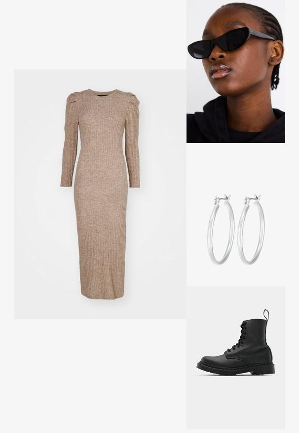 Ribakudumisega pikk varrukas kleit heleses pruunis värvitoonis, millel on ümmargune kaelus ja puhv shoulder detailid, vormi rõhutav siluett.; Mustad mustavi combat kingad ümmarguse varbaga, paeltega esiosa ja säärel tõmbeaas. Omab paksu kummist tallat, mis tagab vastupidavuse.; Must musta silmad eest vaatavad mustad prillid, millel on matt viimistlus, elegantne disain ja õrnalt kõverad servad, mudeli tumeda riietuse taustal.; Hõbedased rõngaskõrvarõngad, millel on sile, läikiv viimistlus. Ümmargune kuju ja turvaline klõpsulatus. Kerge disain, sobib igapäevaseks kandmiseks.