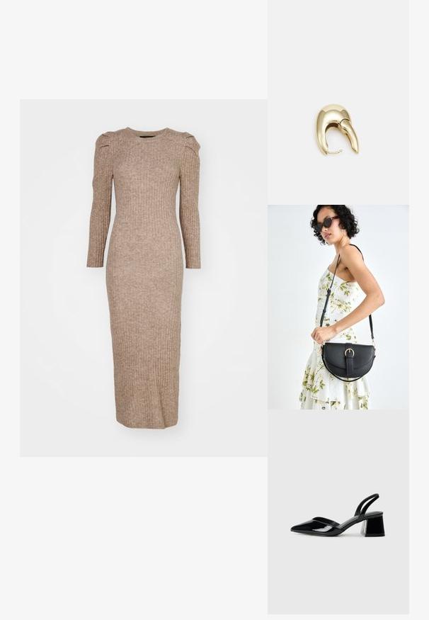 Ribbestrikket langermet kjole i en lys brunfarge, med crew neckline og puffete skulderdetaljer, samt en figurnær silhuett.; Svarte patentlær slingback hæler med spiss tå og geometrisk blokk hæl. Har et stilrent, minimalistisk design og jevn tekstur.; Svart lærveske med en buet form, avtagbar stropp og gullbeslag. Vesken har et klaff med spenne-detall.; Gullfarget metalløredobber med et elegant, buet design. Har en karakteristisk spiss form, polert overflate og hengsel-lukking.