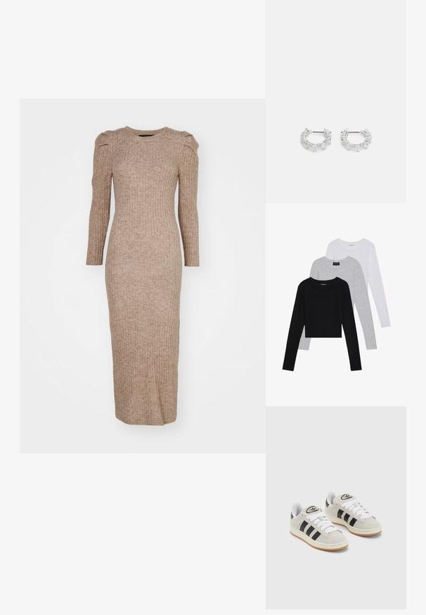 Ribbed pletené šaty s dlhým rukávom v svetlo hnedej farbe, s okrúhlym výstrihom a detailmi na ramene s volánmi, s priliehavým strihom.; Tričko s dlhým rukávom v troch farbách: čiernej, sivej a bielej. Každé má okrúhly výstrih a skrátený strih vyrobený z hladkej, ľahkej tkaniny.; Sivé semišové tenisky s bielymi šnúrkami, čiernymi pruhmi a bielou gumovou podrážkou. Obsahujú okrúhly logo na jazyku a gumenú podrážku.; Strieborné kruhové náušnice s jasnými, obdĺžnikovými a trojuholníkovými kryštálmi usporiadanými v vzorovom dizajne. Západky pre zabezpečenie upevnenia.