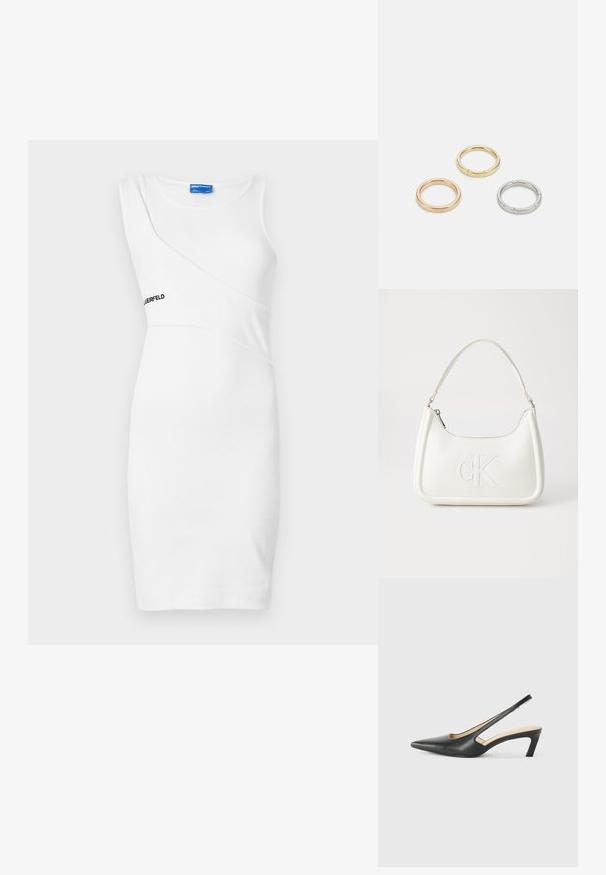 Λευκό αμάνικο φόρεμα από ριμπ ύφασμα, με εφαρμοστή σχεδίαση και ασύμμετρο μπροστινό πάνελ. Περιλαμβάνει μαύρο λογότυπο.; Μαύρο παπούτσι slingback με αιχμηρή μύτη και χαμηλό τακούνι, κατασκευασμένο από λείο δέρμα με σχέδιο κοπής στη πλευρά για αερισμό.; Λευκή δερμάτινη τσάντα χειρός με καμπυλωτό σχήμα, διαθέτει ανάγλυφο λογότυπο "CK" μπροστά και μία ενιαία λαβή ώμου. Κλείσιμο με φερμουάρ στην κορυφή.; Τρία μεταλλικά δαχτυλίδια: ένα ροζ χρυσό, ένα χρυσό με υφές και ένα ασημένιο, όλα με εγχαραγμένο λογότυπο στην εσωτερική πλευρά.