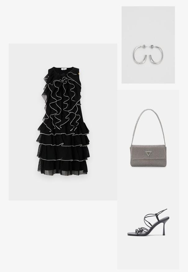 Elisabetta Franchi WOMANS DRESS - Vestido de malha - nero/burro; As sandálias de salto alto pretas apresentam tiras finas com um design em nó, uma biqueira quadrada lisa e um elegante salto agulha.; Bolsa metálica cinza claro com uma alça de corrente, adornada com pequenos rebites metálicos circulares e um logótipo triangular da marca.; Brincos de argola prateados com um acabamento suave e brilhante. Forma arredondada, design leve, com fecho de pino.