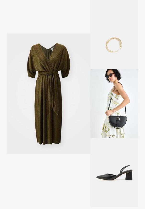 YAS YASOTOLINDA ciemnozielony; Czarne, szpiczaste klapki na obcasie wykonane z gładkiej skóry, z niskim, blokowym obcasem i cienkimi paskami z tyłu zapewniającymi pewne dopasowanie.; Czarna skórzana torebka o zakrzywionym kształcie, z odpinanym paskiem i złotymi akcentami. Torebka posiada klapę z zapięciem w kształcie klamry.; Pierścionek w odcieniu złota z organicznym, skręconym wzorem, o gładkiej fakturze i zwężających się końcach, tworzący nowoczesny, rzeźbiarski wygląd.