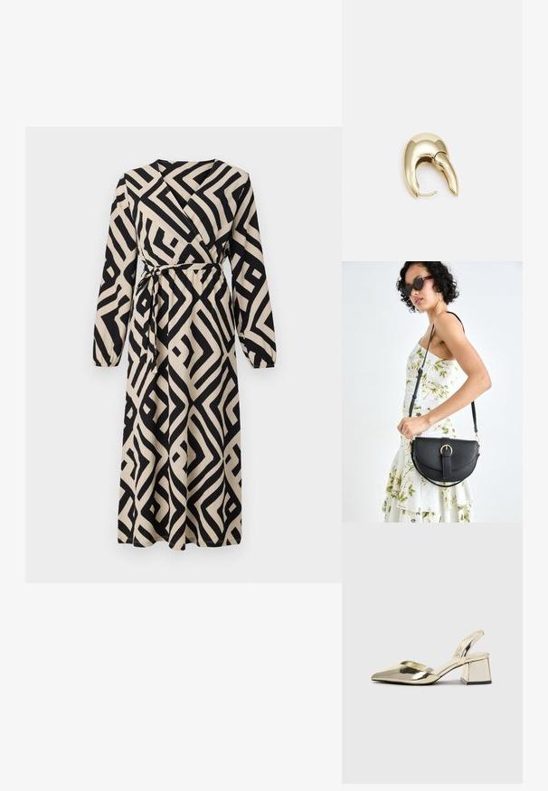 Crna i krem haljina na preklop s dugim rukavima, vezicom i geometrijskim uzorkom s jakim linijama i oblicima.; Zlatni metalik slingback sandali s šiljatim vrhom i debelim potpeticama. Glatka tekstura, minimalistički dizajn i uski remen.; Crna kožna torba s lukovitim oblikom, odvojivim remenom i zlatnim detaljima. Torba ima preklop s kopčom.; Zlatne metalne naušnice s elegantnim, zakrivljenim dizajnom. Imaju karakterističan šiljast oblik, poliranu površinu i zatvaranje na šarku.