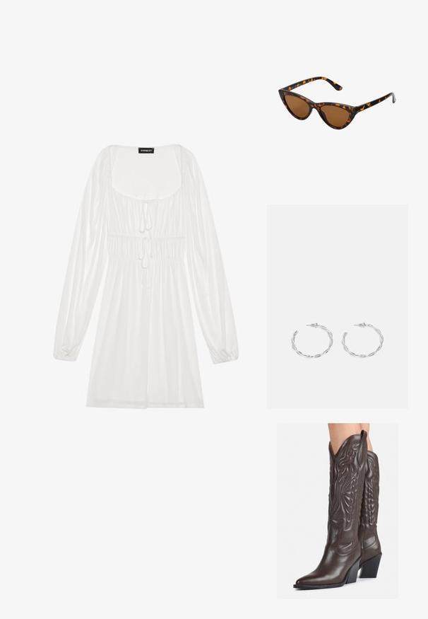 Weißes langärmliges Kleid mit quadratischem Ausschnitt, gerafftem Taillenbereich mit Kordelzug und fließendem Rock, aus leichtem, glattem Stoff gefertigt.; Braune Leder-Cowboy-Stiefel mit spitzem Punkt und Blockabsatz, die über detaillierte Stickereien und hervorgehobene Akzente am Schaft verfügen.;  Katzenaugen-Sonnenbrille mit einem schwarz-orangenen Schildpattrahmen, braunen Gläsern und schlanken, spitzen Enden. Verfügt über ein minimalistisches Logo am Bügel.; Silberne Creolen mit gedrehter Gestaltung, ausgestattet mit einer polierten Oberfläche und einer Steckverschluss. Sie haben einen Durchmesser von ca. 3 cm.