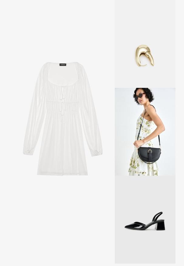 Witte lange mouw jurk met een vierkante halslijn, gathered taille met trekkoord en een vloeiende rok, gemaakt van lichtgewicht, gladde stof.; Zwarte gepatineerde leren slingback hakken met een spitse neus en een geometrische blokhak. Kenmerkt zich door een slank, minimalistisch ontwerp en een gladde textuur.; Zwarte leren handtas met een gebogen vorm, afneembare schouderband en gouden hardware. De tas heeft een klep met een gespsluiting.; Gouden metalen oorbel met een slank, gebogen ontwerp. Beschikt over een kenmerkende puntige vorm, gepolijste oppervlakte en scharnier sluiting.