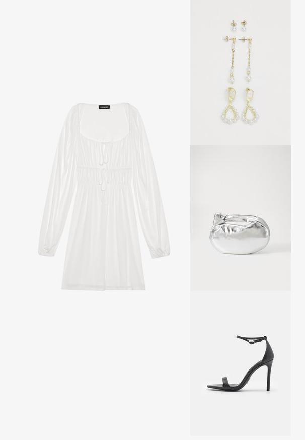 Biele šaty s dlhým rukávom a štvorcovým výstrihom, zozbieraný pás s šnúrkou a voľná sukňa, vyrobené z ľahkej, hladkej tkaniny.; Čierne sandále na vysokom podpätku s otvorenou špičkou, tenkými remienkami a prackou na členku. Hladká kožená textúra s dizajnom so špicatou špičkou.; Strieborná metalická taška s mäkkým, zaobleným tvarom a uzáverom s uzlíkom. Vyrobená z hladkej syntetickej kože.; Náušnice v zlatej farbe so štyrmi perlami. Jeden pár má puzety; druhý je visiaci štýl s reťazou a ďalšími perlami.