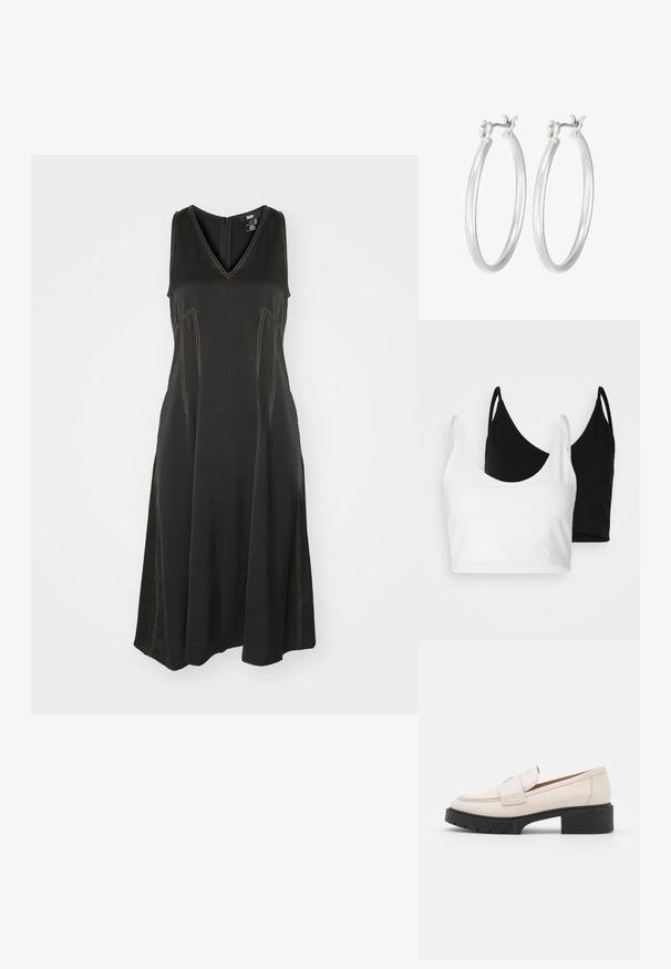 Črna brezrokavna obleka z V-izrezom, ki ima vertikalne šive in kontrastno šivanko. A-linijski kroj z rahlo razširjenim robom.; Dva bombažna crop topa v beli in črni barvi. Vsak ima globok izrez in tanke naramnice, ter se ponaša z gladko, mehko teksturo.; Svetlo bež usnjeni loaferji z šivanim sprednjim delom in teksturiranim črnim podplatom. Imajo ukrivljen dizajn in drobno dvigovanje.; Srebrni obroči za ušesa z gladko, polirano površino. Okrogla oblika in varna zaponka s klikom. Lahka zasnova, primerna za vsakodnevno nošenje.