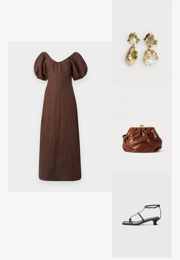 Faithfull the brand VENCE MIDI DRESS - Maxikleid - bistre; Schwarze Ledersandale mit quadratischer Zehenpartie, dünnen Riemen, verstellbarem Knöchelriemen und einem niedrigen Absatz. Mit einem kleinen goldenen Akzent am Riemen.; Braune Leder-Clutch mit goldener Verschlussrahmen und kurzem goldenen Kettenhenkel, die eine weiche, geraffte Textur auf weißem Hintergrund aufweist.; Ohrringe in Goldfarbe haben unregelmäßig geformte, strukturierte Motive, verziert mit grünen Edelsteinen und weißen Perlen, die mit Clipverschluss gesichert sind.