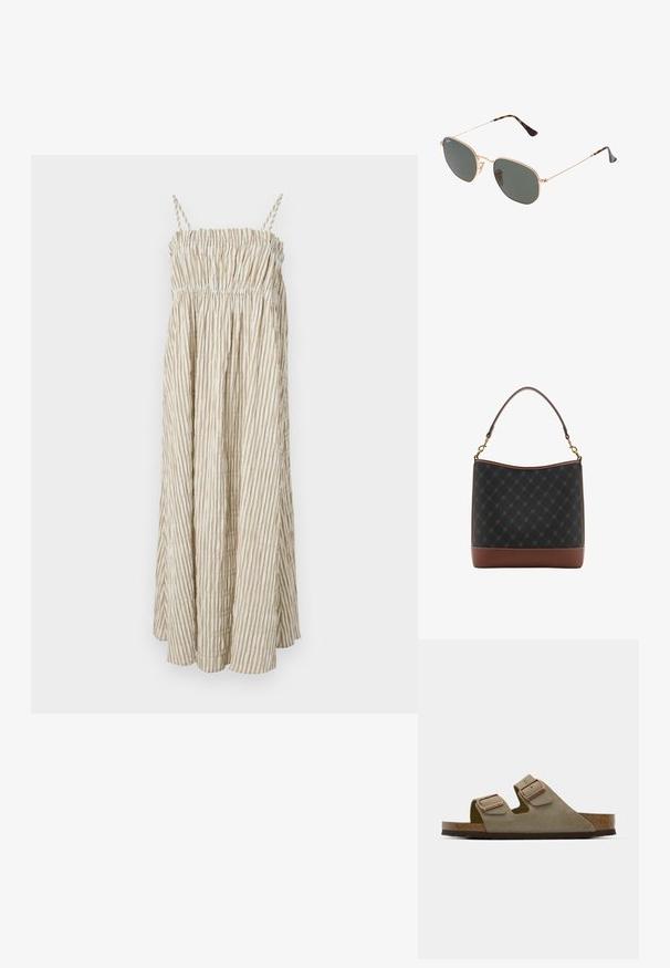 Trägerloses, leichtes Kleid mit gerafftem Oberteil, das vertikale creme- und beige Streifen sowie eine fließende Silhouette aufweist.; Helle taupe Wildledersandale mit zwei verstellbaren Riemen und rose-goldener Hardware. Korkfußbett auf einer strukturierten braunen Sohle. Offenes Zehendesign.; Goldfarbene Metallrahmen-Sonnenbrillen mit dunkelgrünen Gläsern im Pilotenstil, mit schlanken Bügeln und Schildpatt-Akzenten an den Spitzen.; Schwarz-braune Handtasche mit strukturiertem Design, ausgestattet mit einem glatten Lederboden und einem oberen Griff mit goldfarbenen Hardwareelementen.