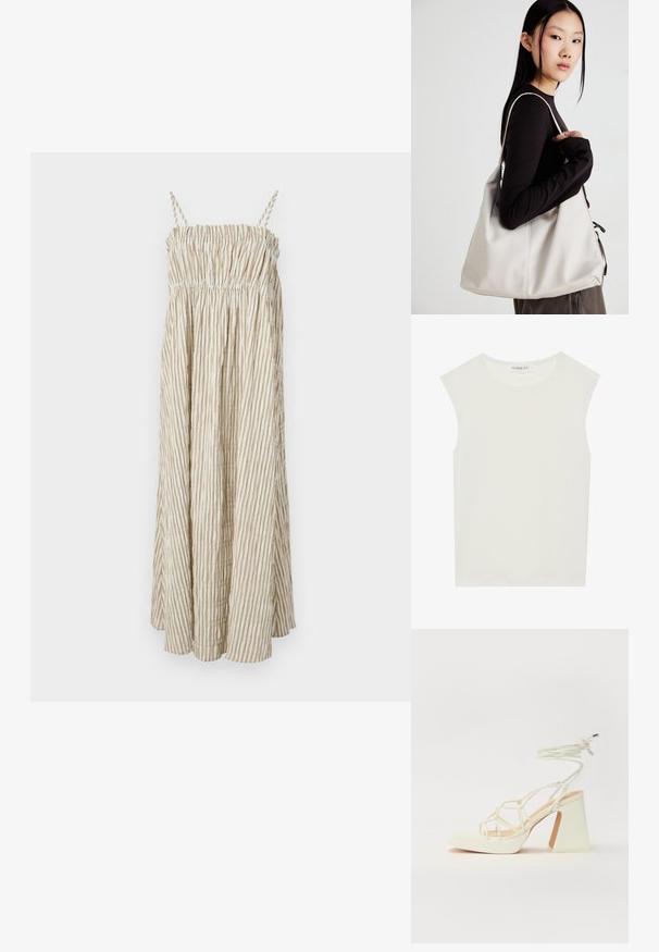 Strapless, lightweight dress with a gathered bodice, featuring vertical cream and beige stripes and a flowing silhouette.; White sleeveless top with a round neckline. Made of smooth fabric, it features a relaxed fit and minimalist design. No patterns or accents.; White high-heeled sandal with a chunky heel, featuring a strappy design and ankle tie. Smooth texture with a platform front for added height.; Beige handbag made of soft material, featuring a slouchy design, stitched detailing, and two shoulder straps. Suitable for everyday use.