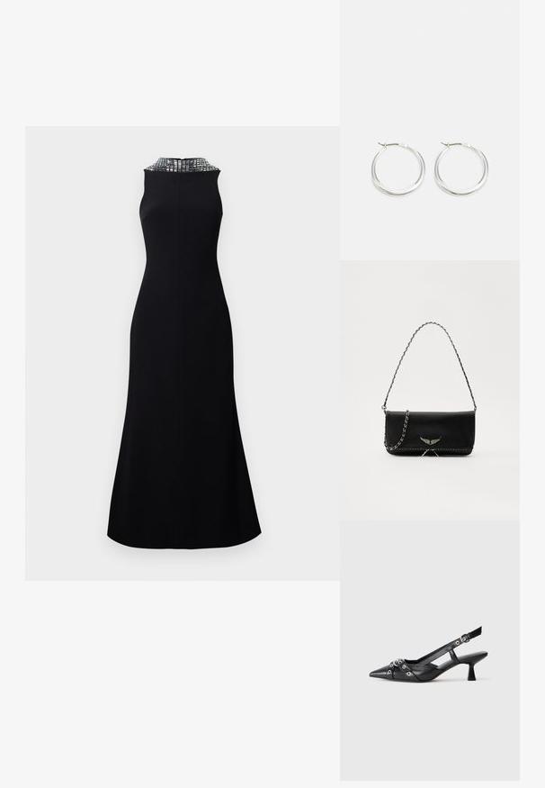 Čierne šaty bez rukávov s padnoucim živôtom a rozšírenou sukňou. Výstrih je zdobený textúrovaným strieborným vzorom.; Čierne kožené slingback topánky s špicatou špičkou, ozdobnými popruhmi s kovovými očkami a nízkym blokovým podpätkom. Textúrovaný povrch.; Čierna kožená kabelka so strieborným reťazovým popruhom, so zdobnými krídelnými akcentmi a bielym prešívaním pozdĺž dolného švu.; Strieborné kruhové náušnice majú hladký, zaoblený dizajn s tenkým profilom a bezpečným zapínaním. Minimalistický štýl s lešteným povrchom.