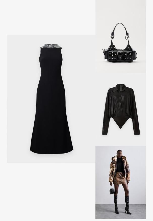 Fekete ujjatlan ruha, melynek testhez simuló felső része és bővülő szoknya van. A nyakkivágását egy textúrált ezüst minta díszíti.; Fekete egyrészes ruházat hosszú ujjakkal, V-kivágással és testhez simuló fazonnal. Fényes, sima anyagból készült, strukturált gallérral és mandzsettákkal.; Barna és fekete mintás puffjú dzseki, barna kígyóbőr mintás mini szoknyával, fekete térdig érő csizmával és egy kicsi fekete táskával párosítva.; Fekete bőr kézitáska ívelt designnal, ezüst szegecsekkel, csattal és két oldalsó zsebbel. Állítható vállpánt a hordozási lehetőségekhez.