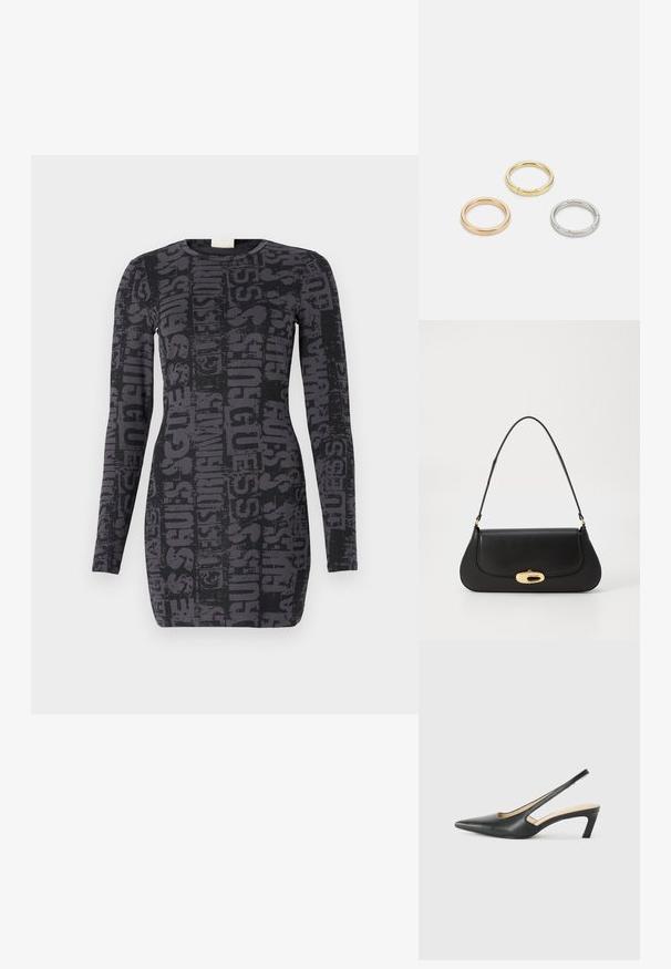 Long-sleeve black dress featuring a repeated dark gray "GUESS" logo pattern, fitted design, and round neckline. Smooth fabric texture.; Black pointy-toed slingback shoe with a low heel, featuring smooth leather material and cut-out design on the side for breathability.; Black leather handbag with a curved design, gold-tone hardware, and a top handle. Features a sleek closure and smooth texture.; Three metal rings: one rose gold, one gold with textured accents, and one silver, all with engraved branding on the inner band.