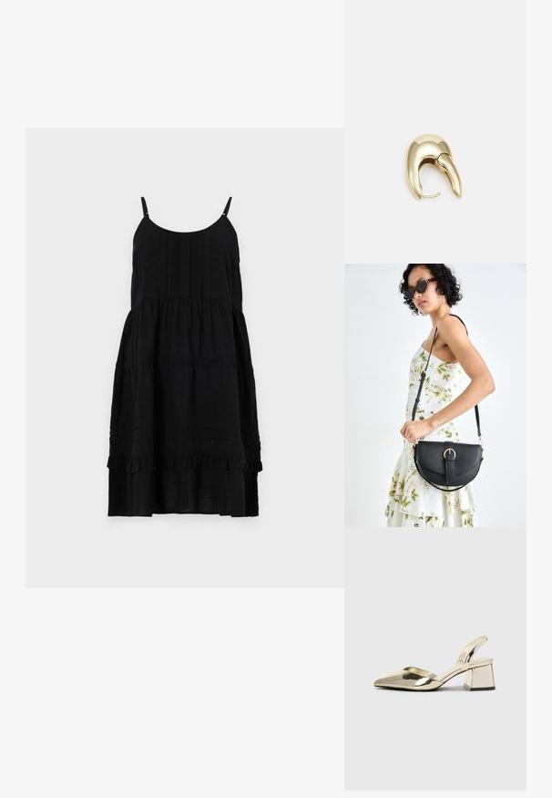 Juoda suknelė be rankovių su plonomis petnešomis, sluoksniuota konstrukcija, tekstūruotas liemuo ir volanginė apatinė dalis. Pagaminta iš lengvos medžiagos.; Auksiniai, metaliniai slingback aukštakulniai bateliai su smailiu pirštu ir masyviu kulnu. Lygus paviršius, minimalizmo dizainas ir siaura juostelė.; Juodas odinis krepšys su išlenkta forma, nuimamu dirželiu ir auksiniais detalėmis. Krepšys turi kilpą su sagtimi.; Aukso tono metalinės auskarai su stilingu, kreiviu dizainu. Išsiskiria ryškiu smailiu pavidalu, poliruota paviršiumi ir užsegimu su vyriu.