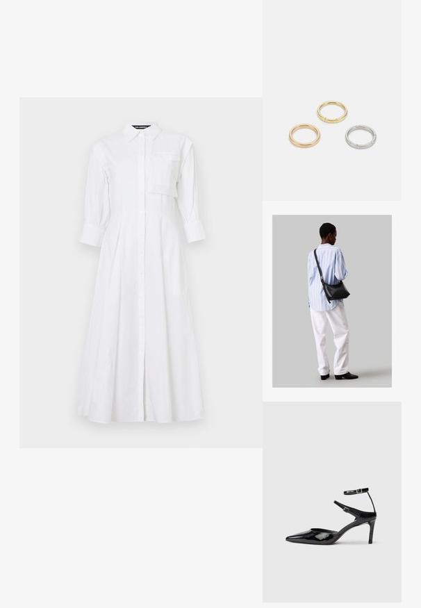 Rochie din bumbac albă cu guler, mâneci lungi și puffate, buzunar pe piept și fustă amplă. Închidere cu nasturi.; Cizme cu toc din piele lacuită neagră, cu vârf ascuțit, curele reglabile la gleznă și un toc subțire. Textură netedă cu un finisaj lucios.; Geantă de umăr din piele neagră cu o textură moale, formă triunghiulară și curea ajustabilă, asortată cu o bluză cu dungi albastre deschise și pantaloni albi.; Trei inele din metal: unul roz aurie, unul auriu cu accente texturate și unul argintiu, toate cu branding gravat pe banda interioară.