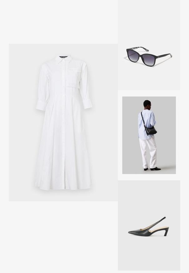 Fehér pamut ingruha, galléros nyakkivágással, hosszú puffos ujjakkal, melletti zsebbel és tágas szoknyával. Gombos záródás.; Fekete, hegyes orrú, slingback cipő alacsony sarkával, sima bőrből készült, oldalt kivágott deisgnal a légáteresztőképesség érdekében.; Fekete napszemüveg, fokozatos árnyalatú lencsékkel, négyzet alakú, és mintás fekete-fehér szárakkal. Ezüst logó díszítéssel rendelkezik.; Fekete bőr válltáska puha tapintással, háromszög alakú, állítható pánttal, világoskék csíkos inggel és fehér nadrággal párosítva.